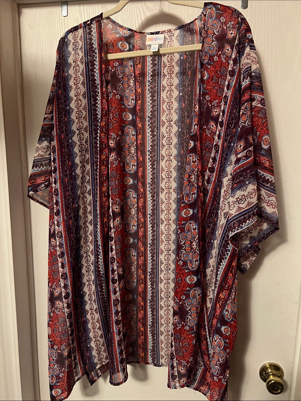 LuLaRoe Red and Navy Striped Paisley Open-Front Kimono